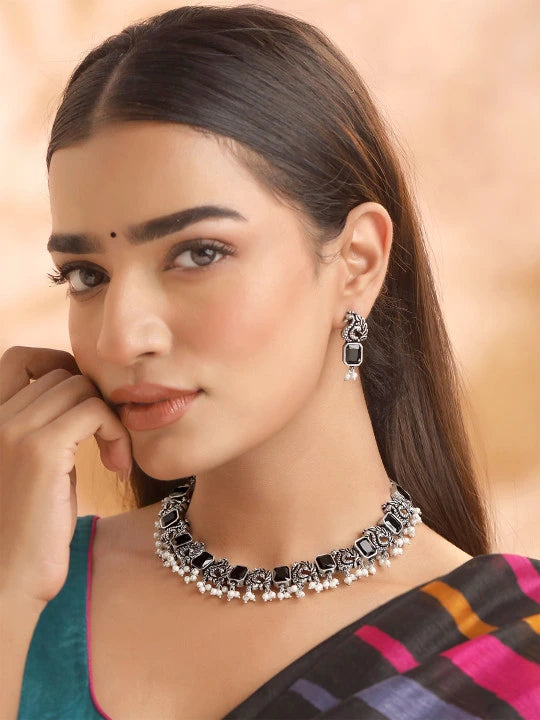 Silver-Plated Oxidized Black Peacock Designed Jewellery Set