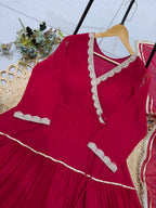 Beautiful Angarkha Styled Red Full Flaired Gown With Dupatta -Perfect For Karwa Chauth