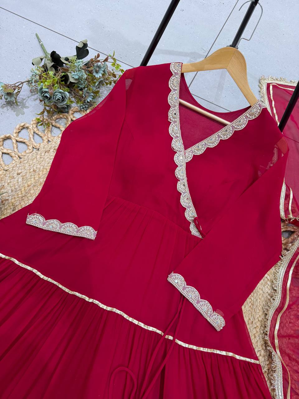 Beautiful Angarkha Styled Red Full Flaired Gown With Dupatta -Perfect For Karwa Chauth