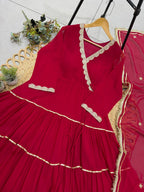 Beautiful Angarkha Styled Red Full Flaired Gown With Dupatta -Perfect For Karwa Chauth