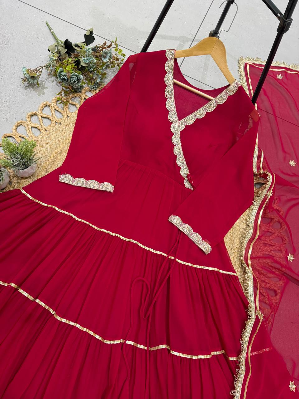 Beautiful Angarkha Styled Red Full Flaired Gown With Dupatta -Perfect For Karwa Chauth