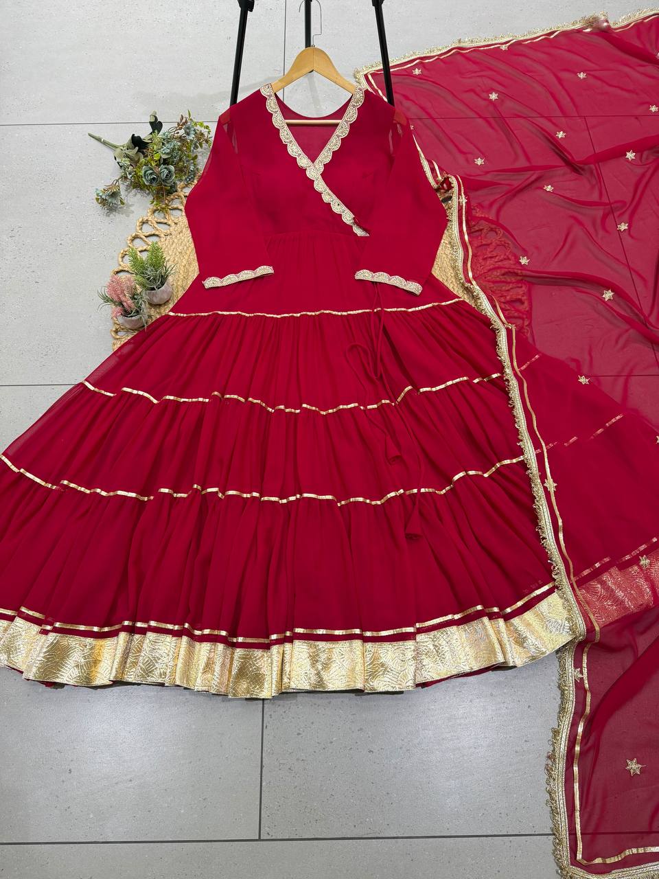 Beautiful Angarkha Styled Red Full Flaired Gown With Dupatta -Perfect For Karwa Chauth