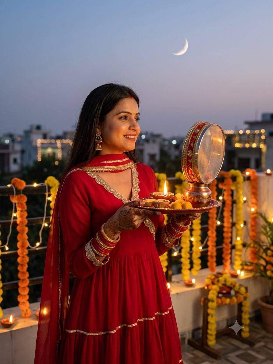 Beautiful Angarkha Styled Red Full Flaired Gown With Dupatta -Perfect For Karwa Chauth