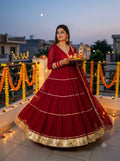 Beautiful Angarkha Styled Red Full Flaired Gown With Dupatta -Perfect For Karwa Chauth