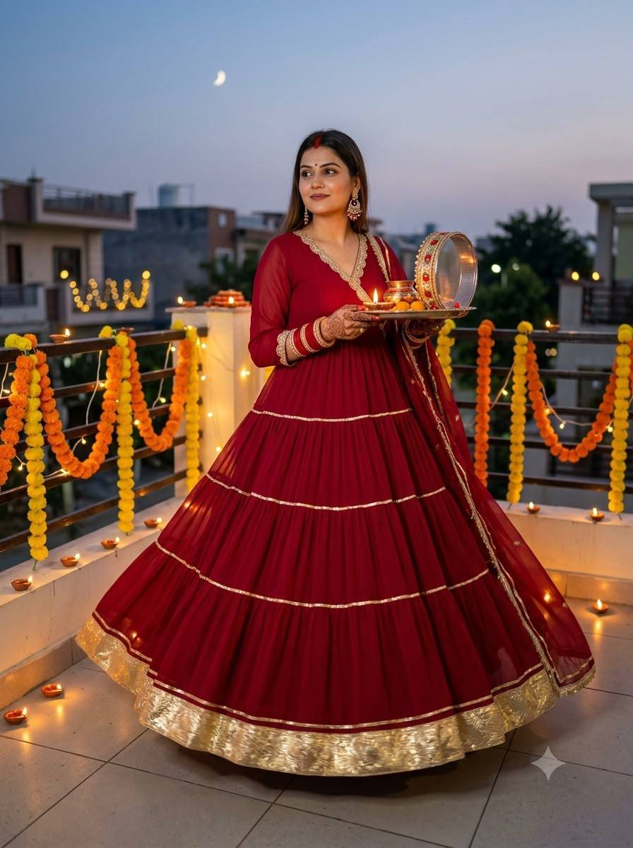Beautiful Angarkha Styled Red Full Flaired Gown With Dupatta -Perfect For Karwa Chauth