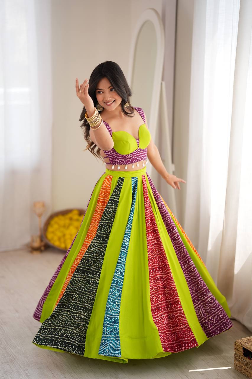 Multicolor Bandhani Print 6 Meter Flared Lehenga Choli Set for Navratri & Garba Night