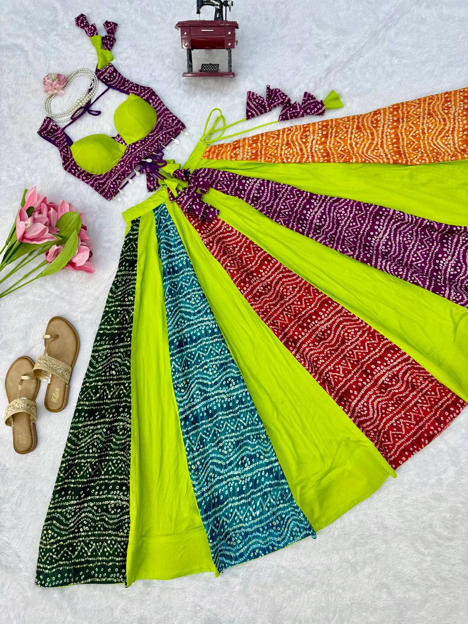 Multicolor Bandhani Print 6 Meter Flared Lehenga Choli Set for Navratri & Garba Night