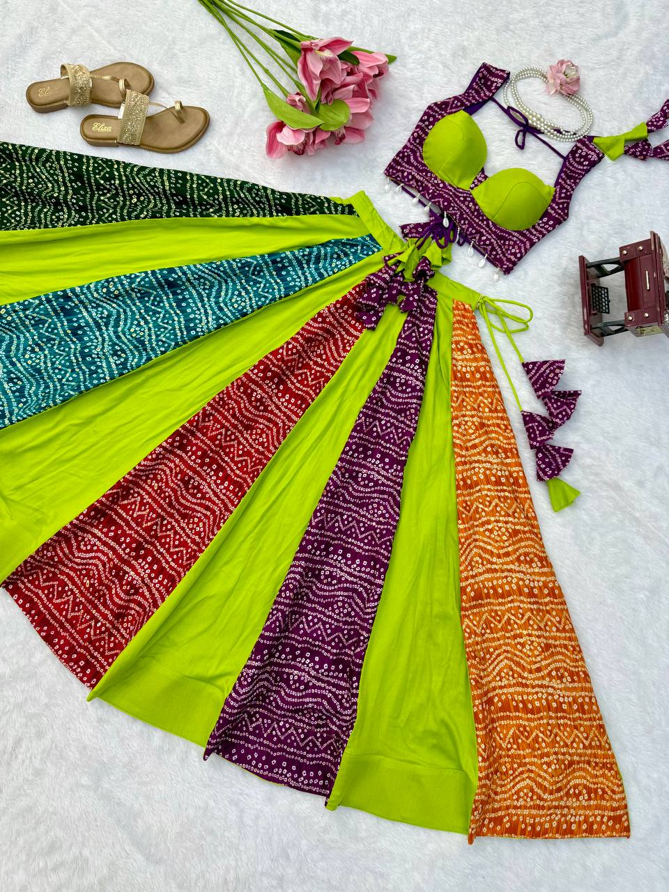 Multicolor Bandhani Print 6 Meter Flared Lehenga Choli Set for Navratri & Garba Night