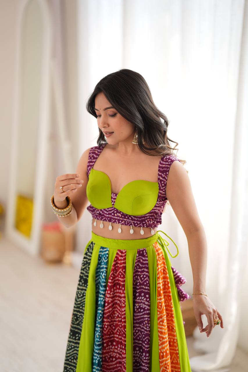 Multicolor Bandhani Print 6 Meter Flared Lehenga Choli Set for Navratri & Garba Night