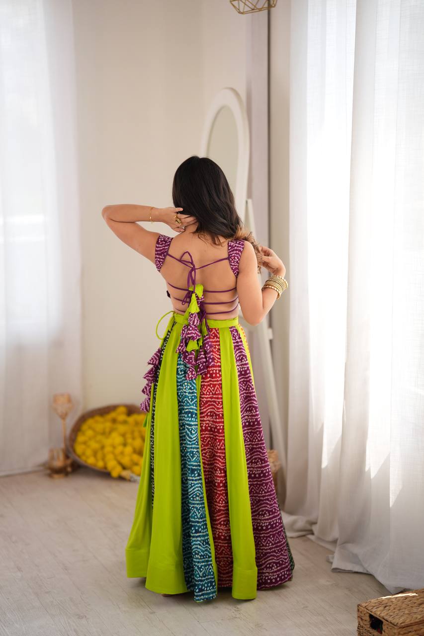 Multicolor Bandhani Print 6 Meter Flared Lehenga Choli Set for Navratri & Garba Night