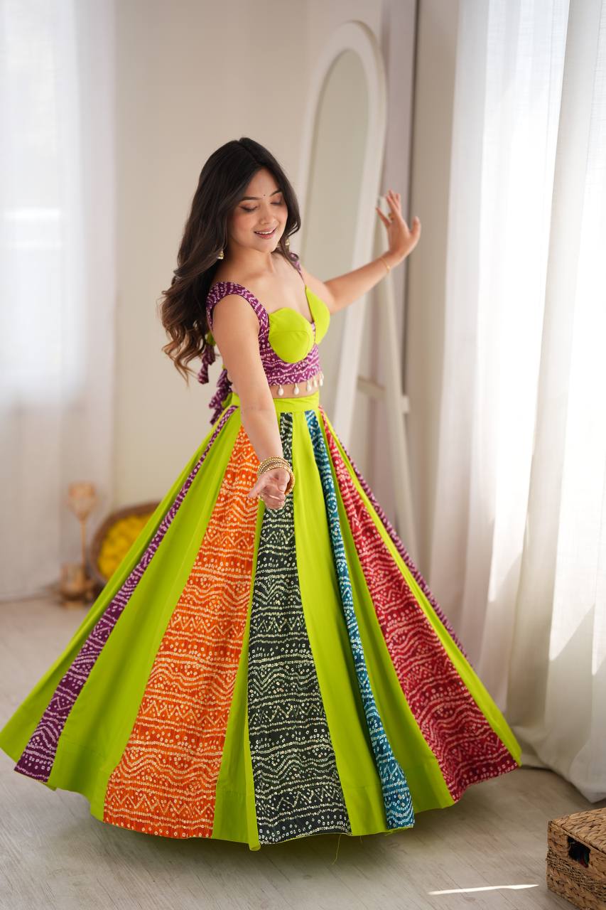 Multicolor Bandhani Print 6 Meter Flared Lehenga Choli Set for Navratri & Garba Night