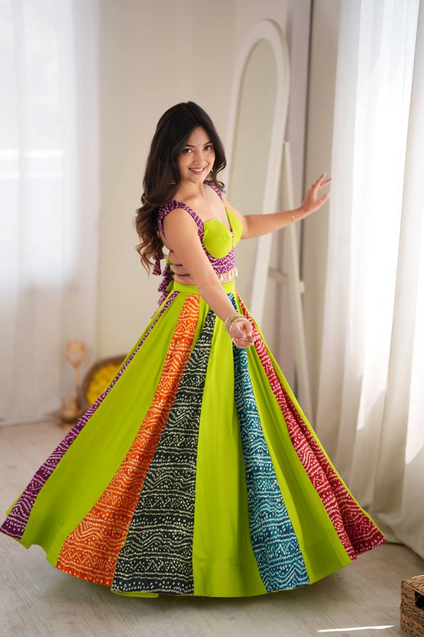 Multicolor Bandhani Print 6 Meter Flared Lehenga Choli Set for Navratri & Garba Night