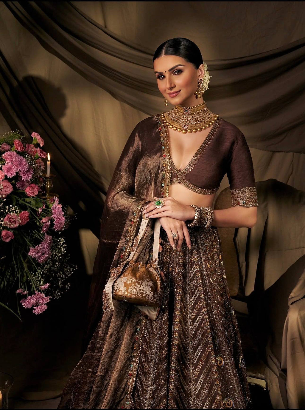 Brown Embroidered Bridal Lehenga Choli with Dupatta - Premium Wedding Wear