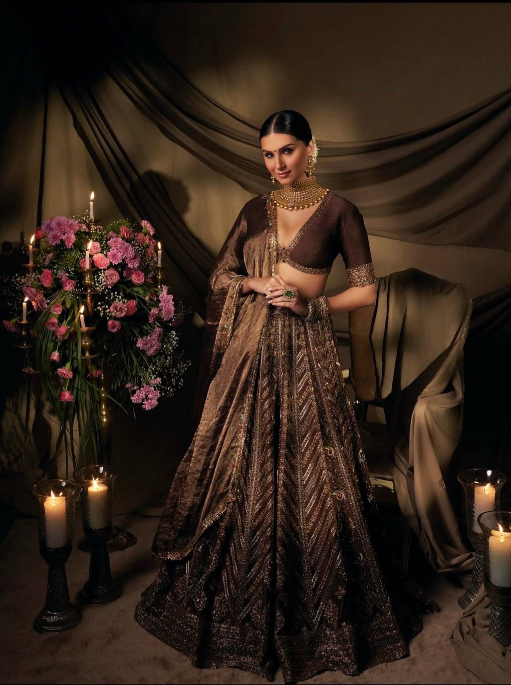 Brown Embroidered Bridal Lehenga Choli with Dupatta - Premium Wedding Wear
