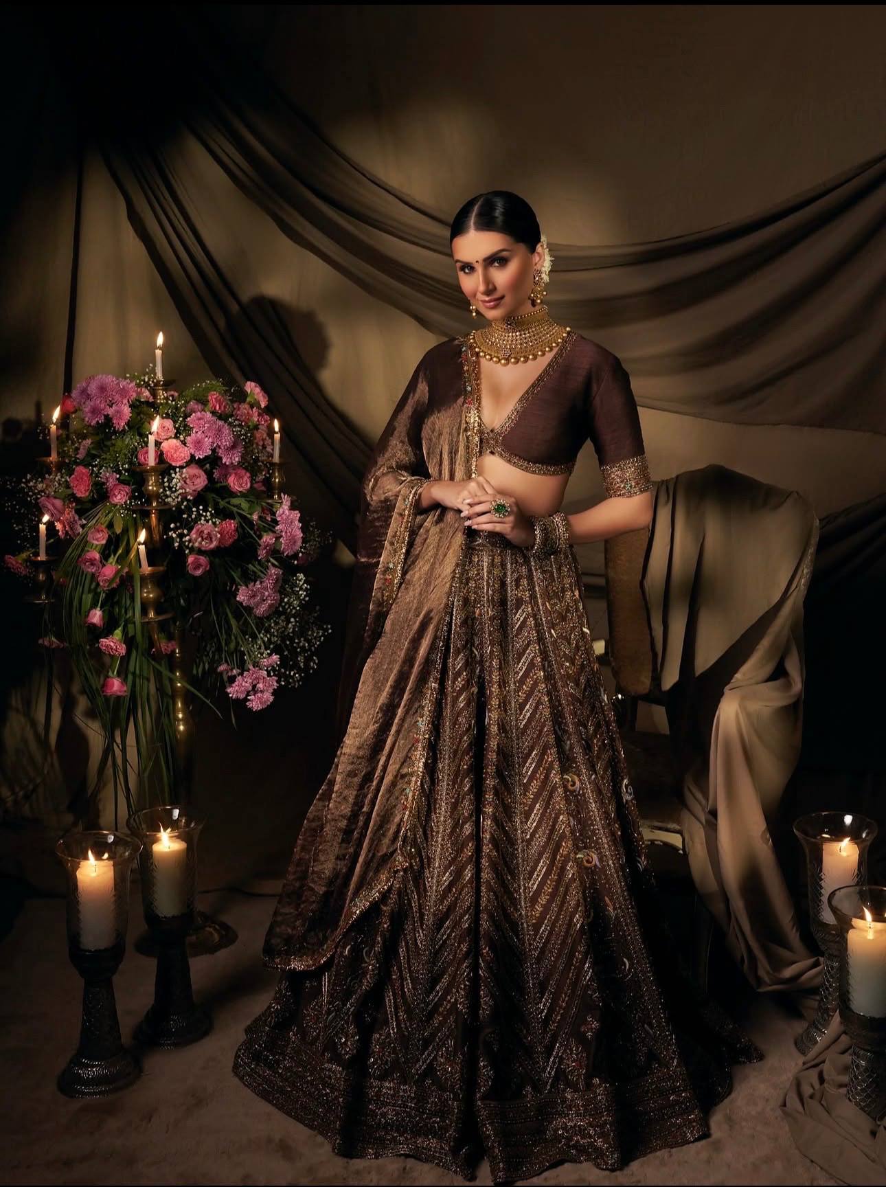 Brown Embroidered Bridal Lehenga Choli with Dupatta - Premium Wedding Wear