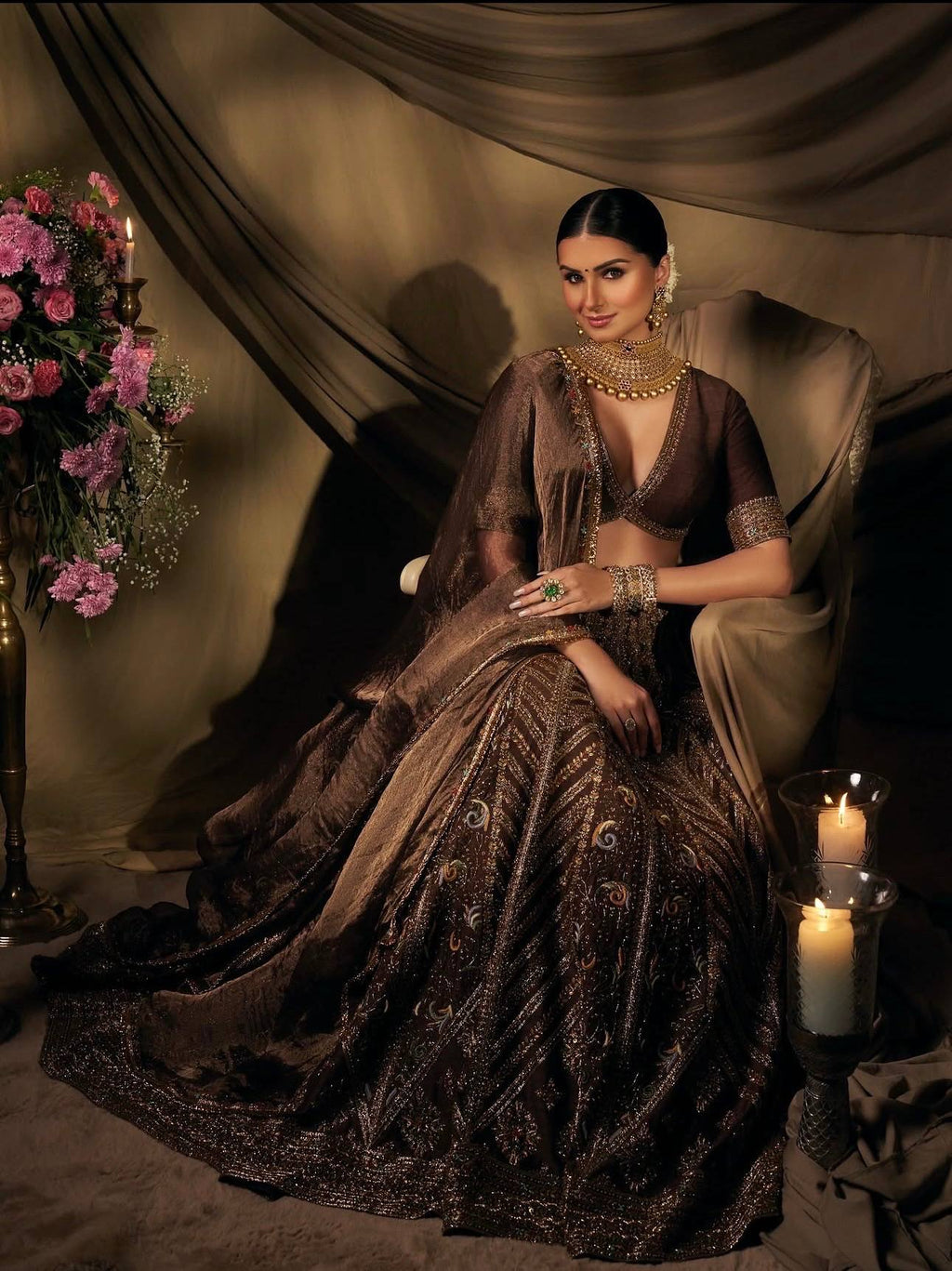 Brown Embroidered Bridal Lehenga Choli with Dupatta - Premium Wedding Wear