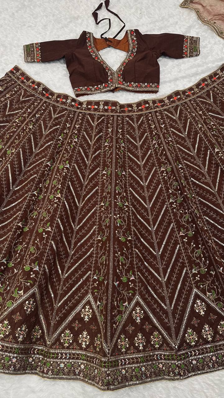 Brown Embroidered Bridal Lehenga Choli with Dupatta - Premium Wedding Wear