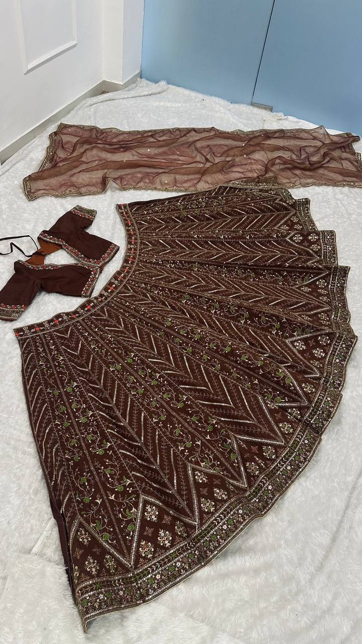 Brown Embroidered Bridal Lehenga Choli with Dupatta - Premium Wedding Wear
