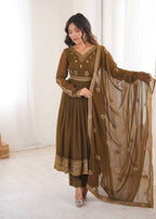 Elegant Mocha Brown Anarkali Suit with Mirror Sequin Embroidery & Designer Dupatta