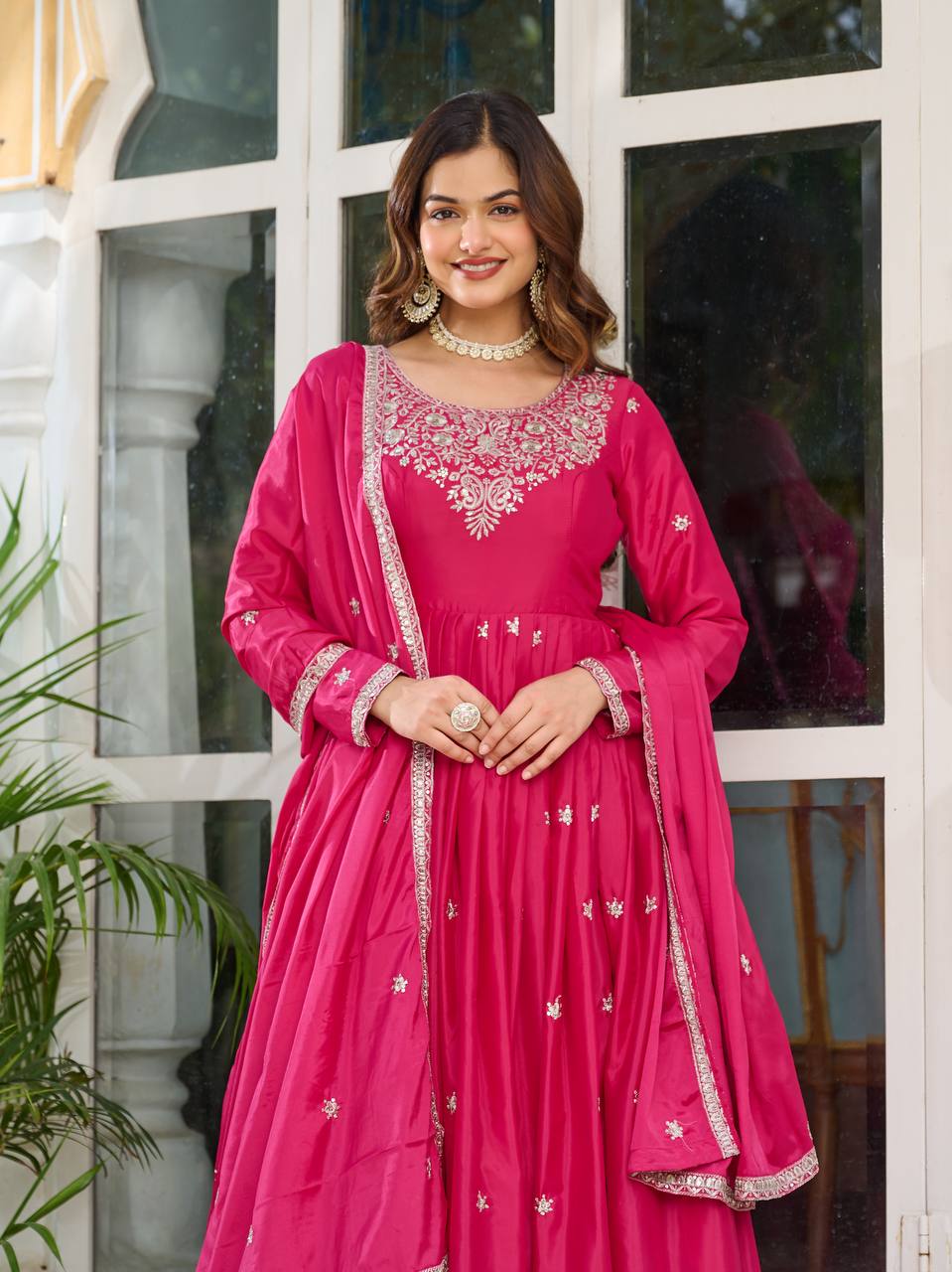 Pink Silk Anarkali Full Flaired Gown Pant with  Dupatta Perfect For Diwali Festive Wear