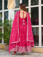 Pink Silk Anarkali Full Flaired Gown Pant with  Dupatta Perfect For Diwali Festive Wear