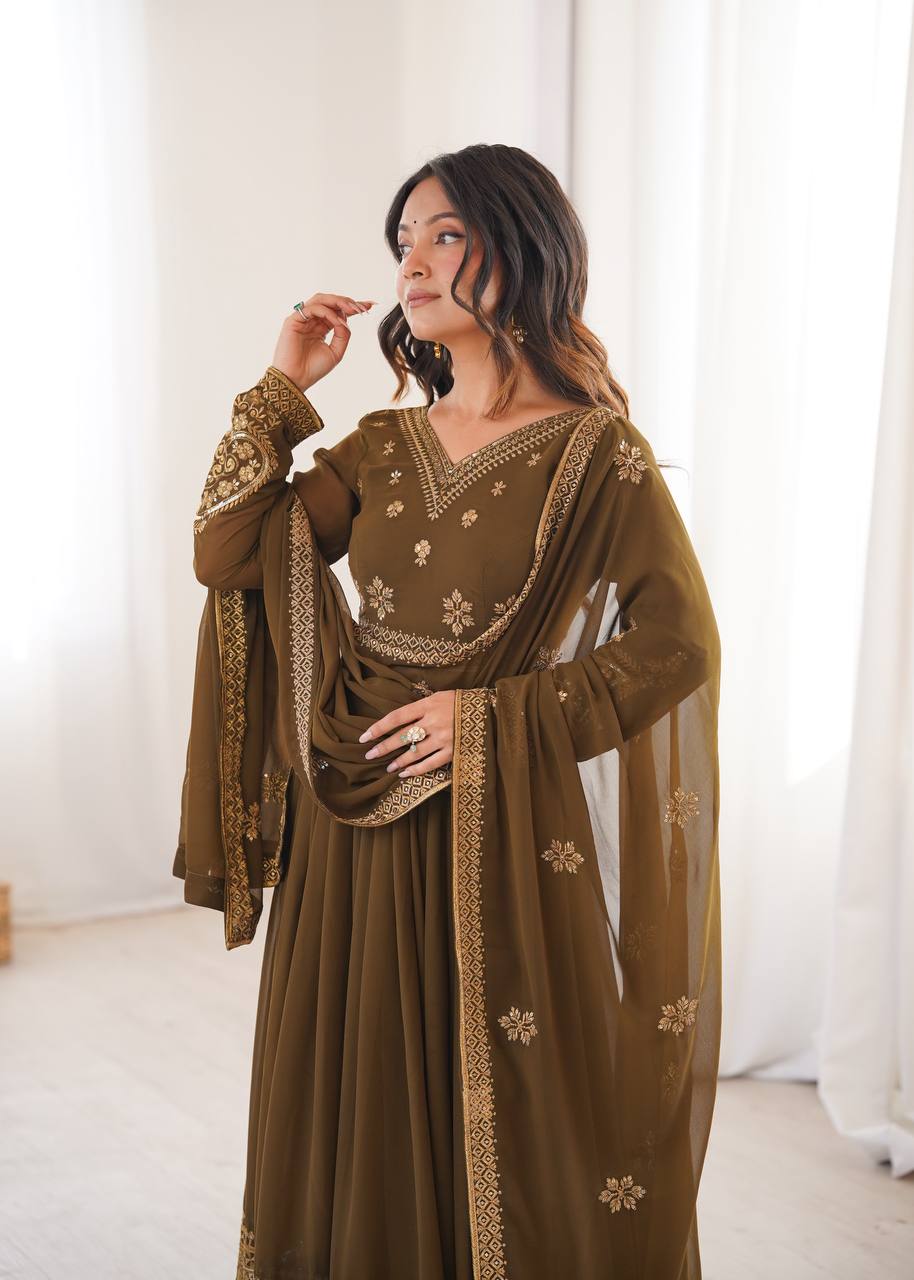 Elegant Mocha Brown Anarkali Suit with Mirror Sequin Embroidery & Designer Dupatta