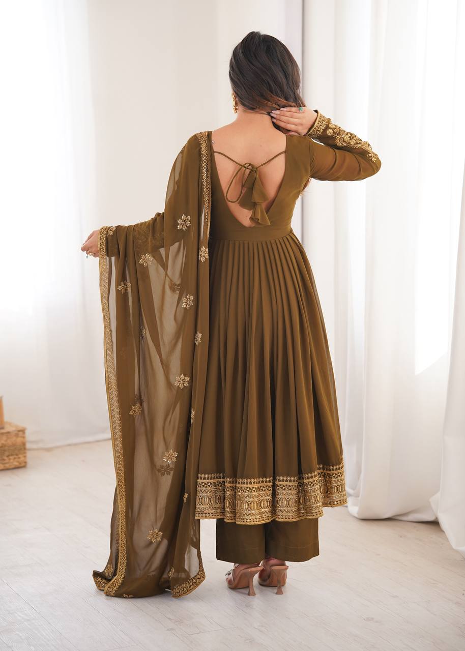 Elegant Mocha Brown Anarkali Suit with Mirror Sequin Embroidery & Designer Dupatta