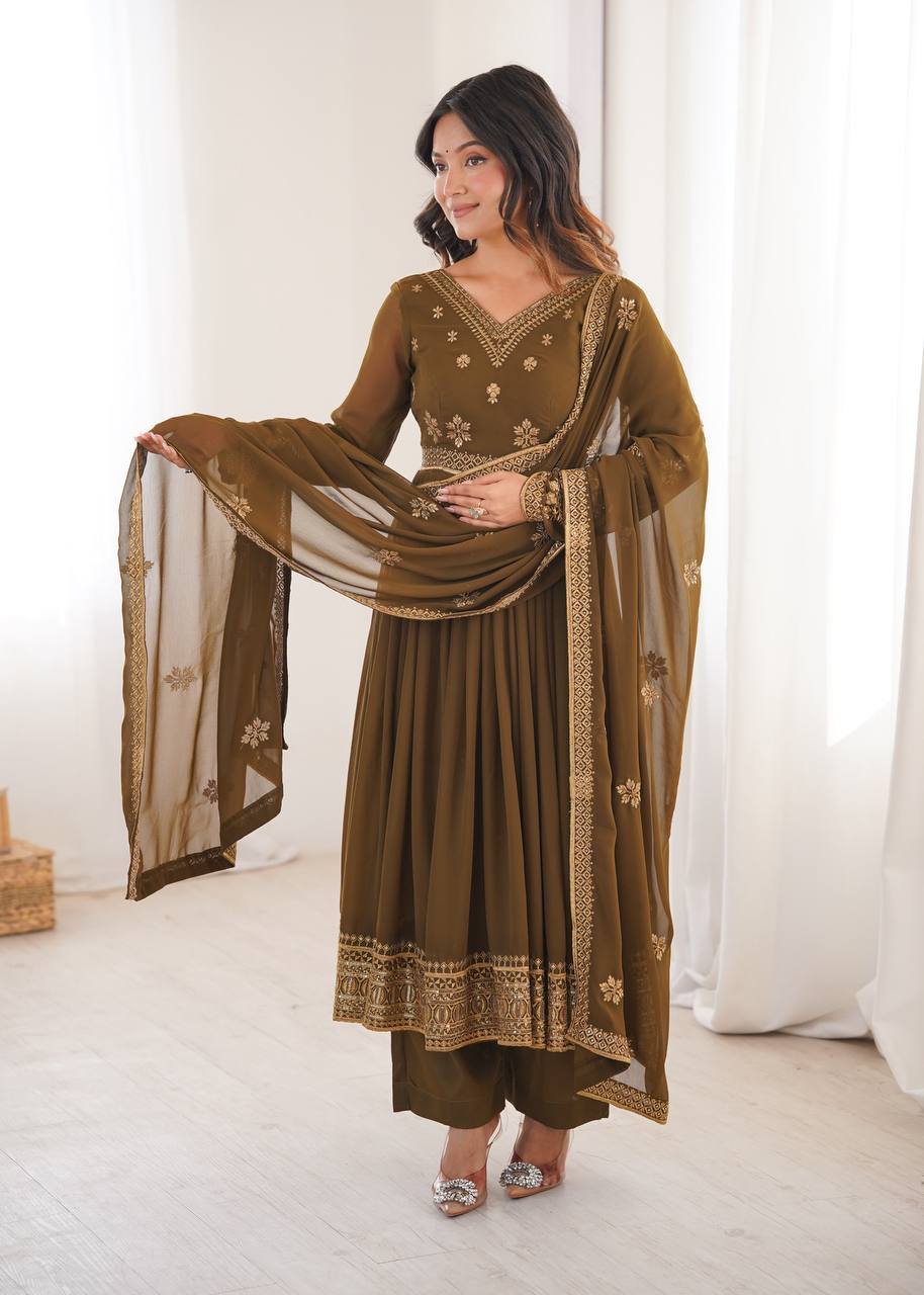 Elegant Mocha Brown Anarkali Suit with Mirror Sequin Embroidery & Designer Dupatta
