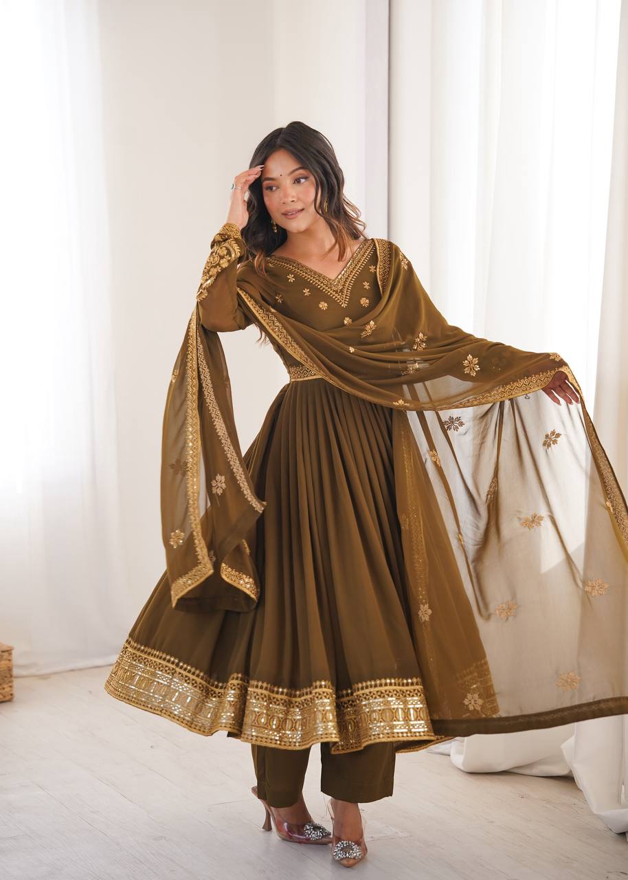 Elegant Mocha Brown Anarkali Suit with Mirror Sequin Embroidery & Designer Dupatta