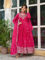 Pink Silk Anarkali Full Flaired Gown Pant with  Dupatta Perfect For Diwali Festive Wear