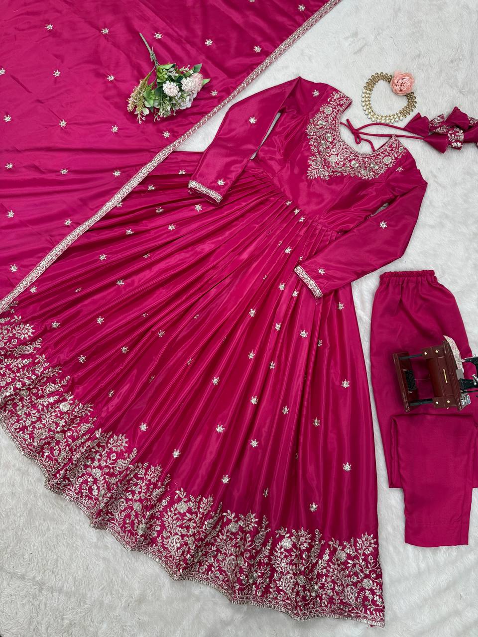 Pink Silk Anarkali Full Flaired Gown Pant with  Dupatta Perfect For Diwali Festive Wear