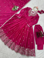 Pink Silk Anarkali Full Flaired Gown Pant with  Dupatta Perfect For Diwali Festive Wear
