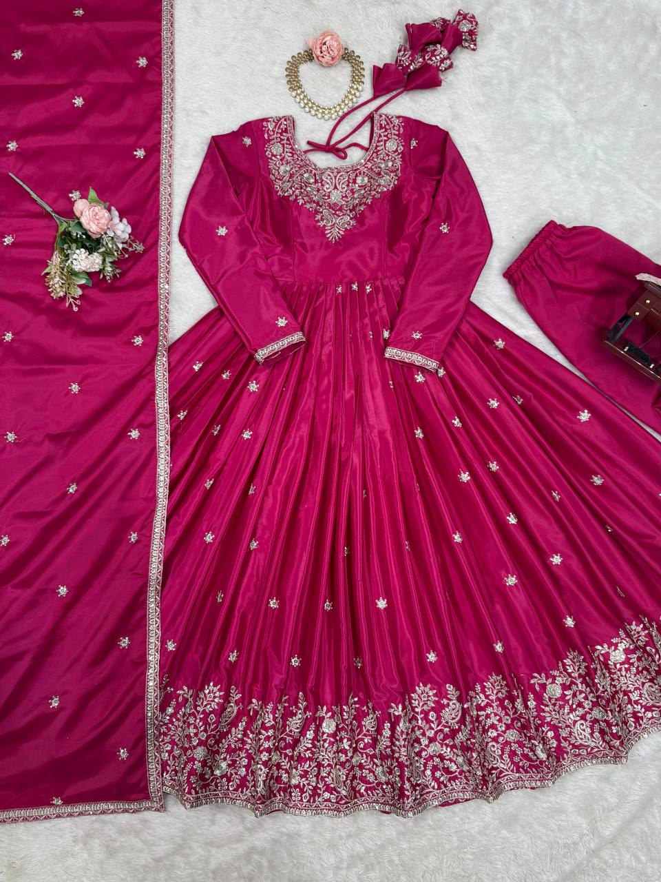 Pink Silk Anarkali Full Flaired Gown Pant with  Dupatta Perfect For Diwali Festive Wear
