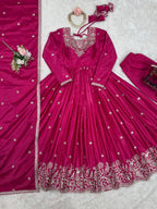 Pink Silk Anarkali Full Flaired Gown Pant with  Dupatta Perfect For Diwali Festive Wear