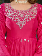 Pink Silk Anarkali Full Flaired Gown Pant with  Dupatta Perfect For Diwali Festive Wear