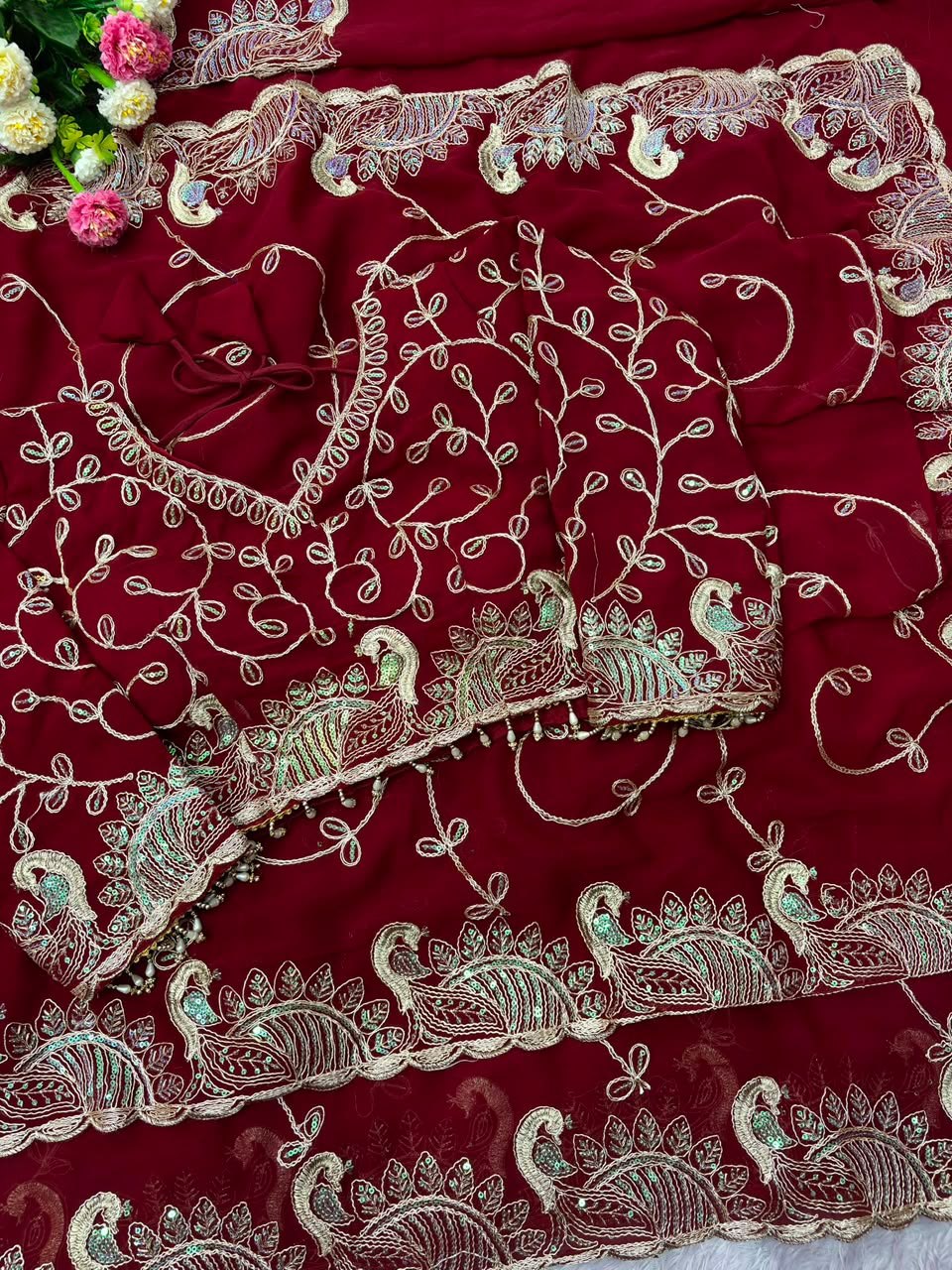 Karwa Chauth Special Georgette Embroidered Saree with Blouse - Festive Wear
