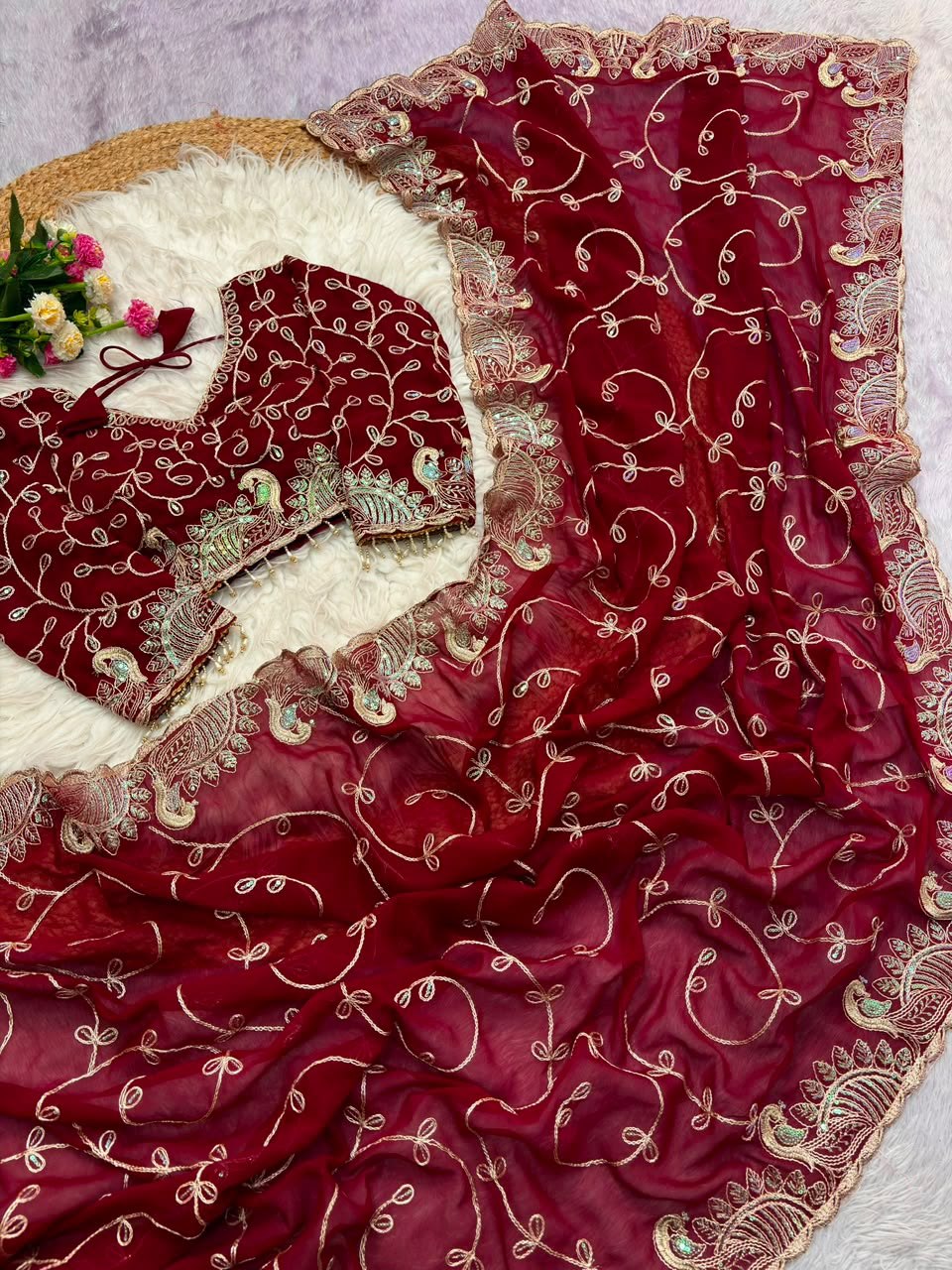 Karwa Chauth Special Georgette Embroidered Saree with Blouse - Festive Wear
