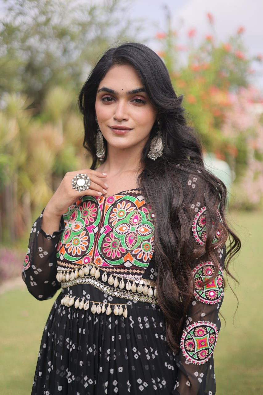 Navratri Georgette Bandhani Print work with Kutchi Patchwork Long Gown For Garba