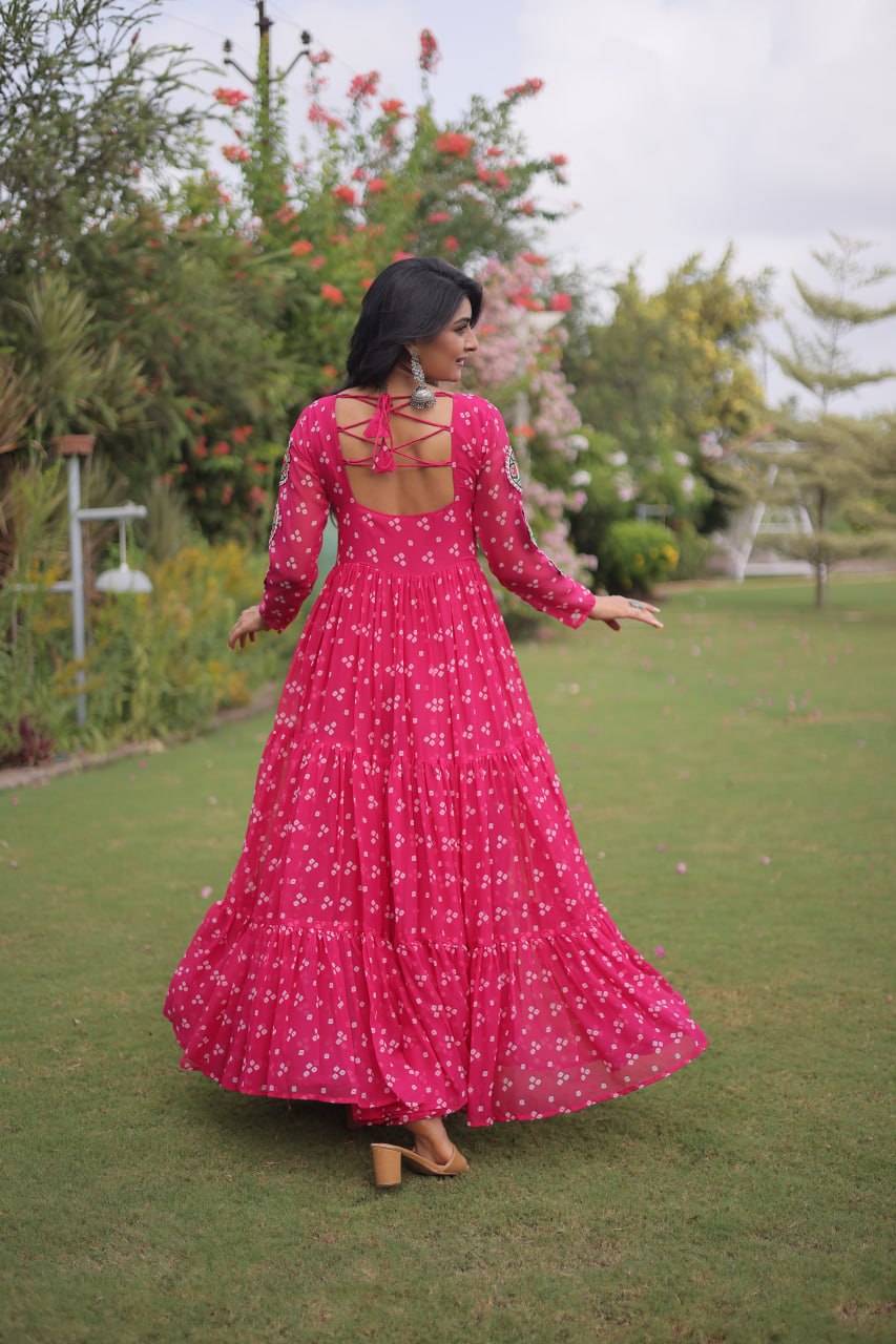 Navratri Georgette Bandhani Print work with Kutchi Patchwork Long Gown For Garba