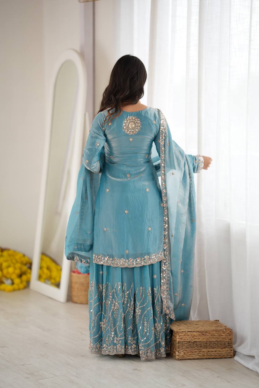 Diwali Special Sky Blue Silk Beads with Sequnce Detailing Kurti Sharara With Dupatta