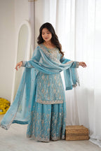 Diwali Special Sky Blue Silk Beads with Sequnce Detailing Kurti Sharara With Dupatta