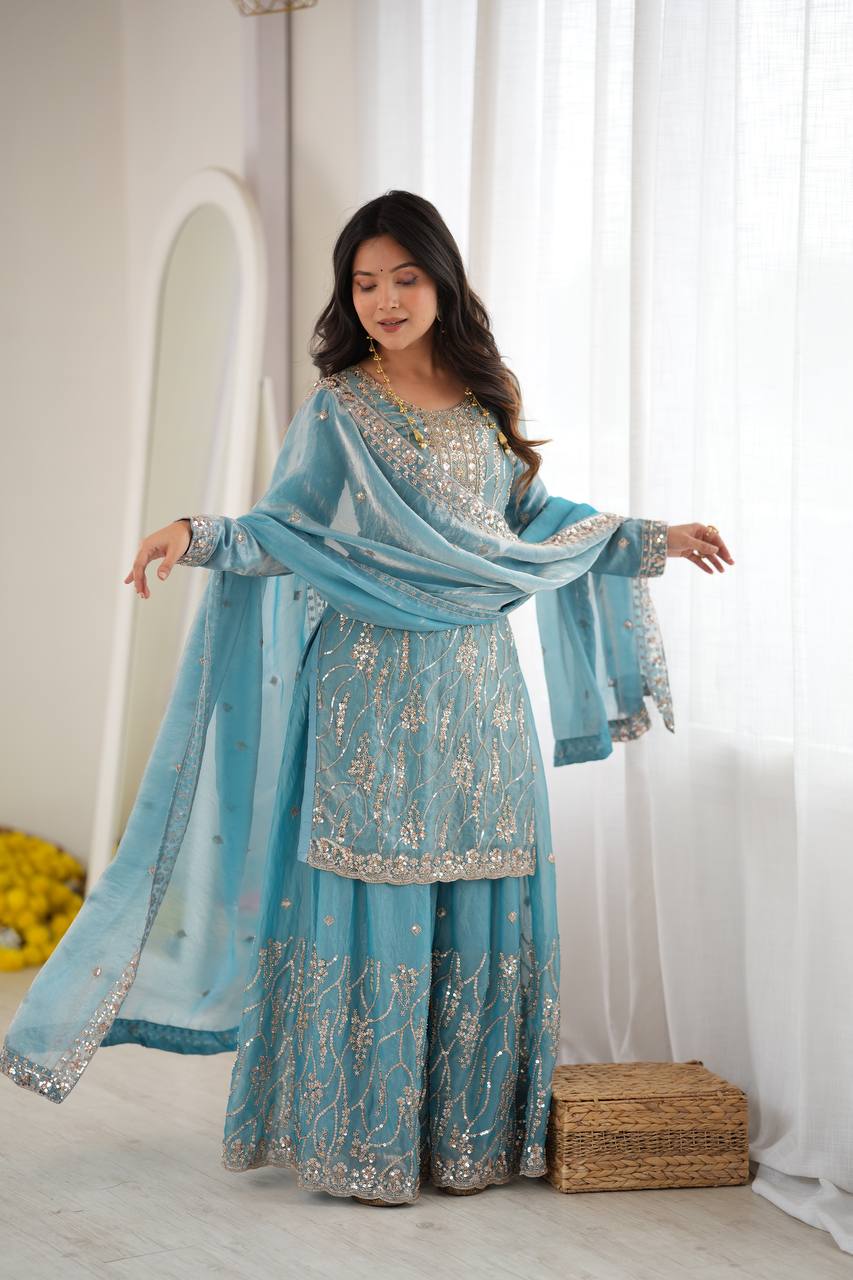Diwali Special Sky Blue Silk Beads with Sequnce Detailing Kurti Sharara With Dupatta
