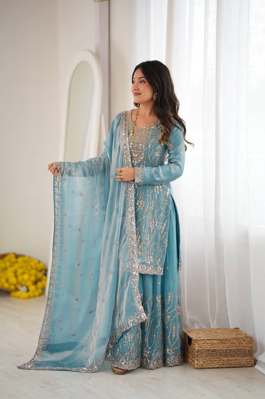 Diwali Special Sky Blue Silk Beads with Sequnce Detailing Kurti Sharara With Dupatta