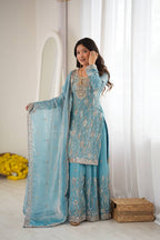 Diwali Special Sky Blue Silk Beads with Sequnce Detailing Kurti Sharara With Dupatta
