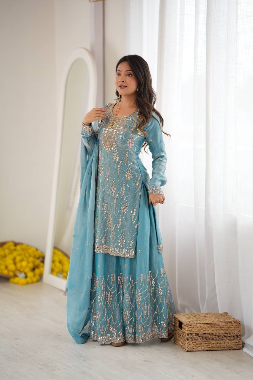 Diwali Special Sky Blue Silk Beads with Sequnce Detailing Kurti Sharara With Dupatta