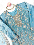 Diwali Special Sky Blue Silk Beads with Sequnce Detailing Kurti Sharara With Dupatta