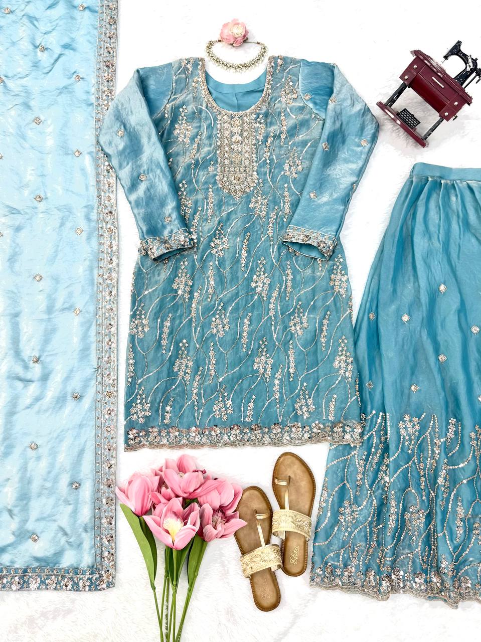 Diwali Special Sky Blue Silk Beads with Sequnce Detailing Kurti Sharara With Dupatta