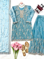 Diwali Special Sky Blue Silk Beads with Sequnce Detailing Kurti Sharara With Dupatta