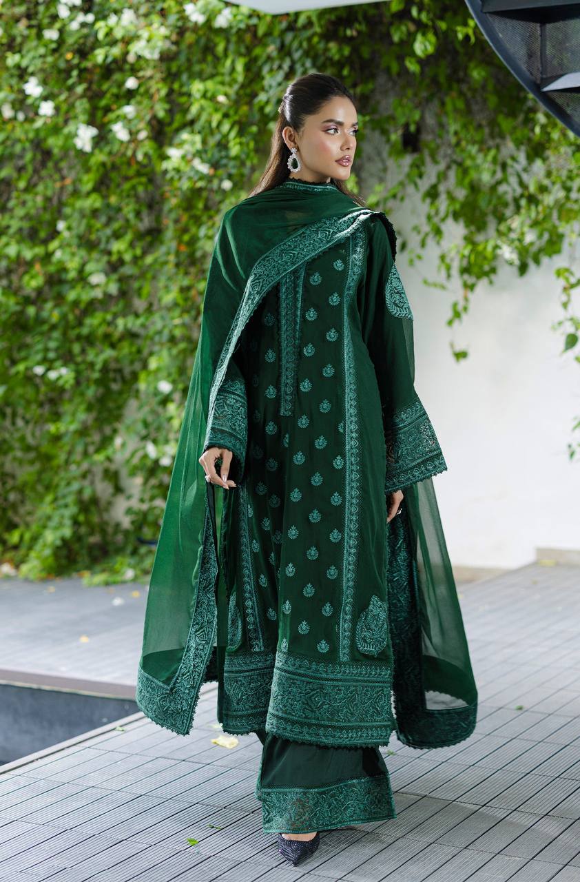 Royal Emerald Green Georgette Embroidered Palazzo Suit with Designer Dupatta - Festive Wear