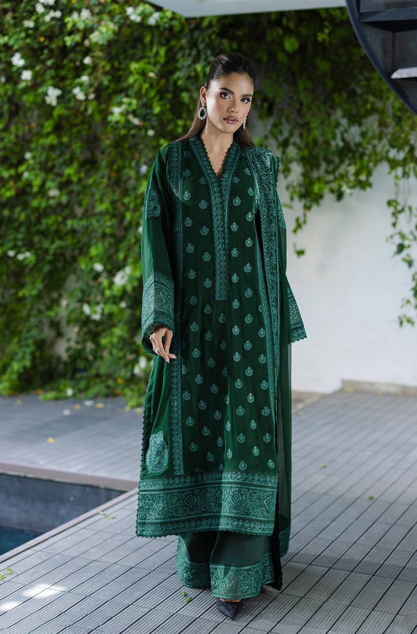 Royal Emerald Green Georgette Embroidered Palazzo Suit with Designer Dupatta - Festive Wear